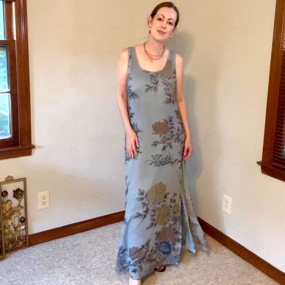 Vtg 90s Citron Santa Monica Silk Floral Maxi Dress Pale Blue Floaty Romantic M